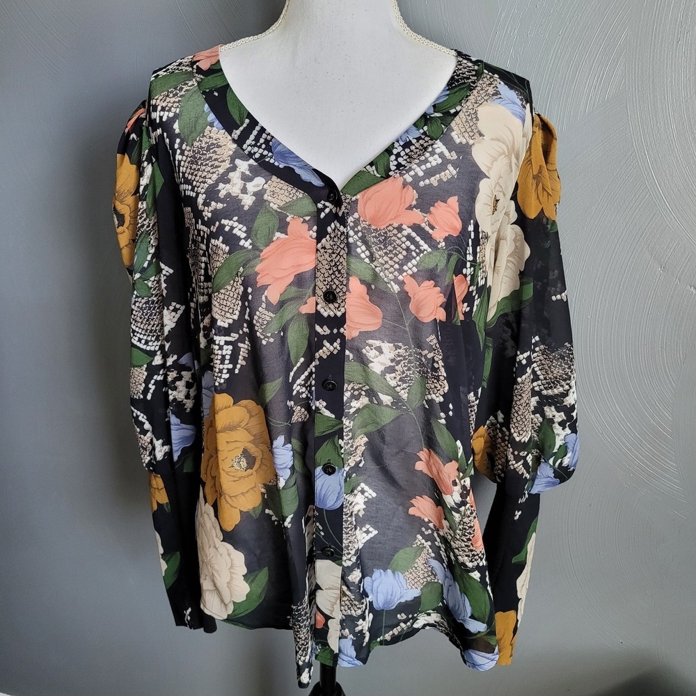 CABI Top Size LARGE Snake Charmer Floral Sheer Long Sleeve Button Up #3762